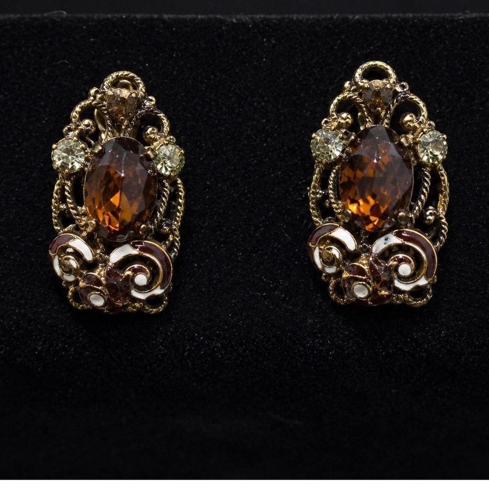 Unbranded Clip On Earrings Women OS Amber Brown Fair Vintage Filigree Enamel
